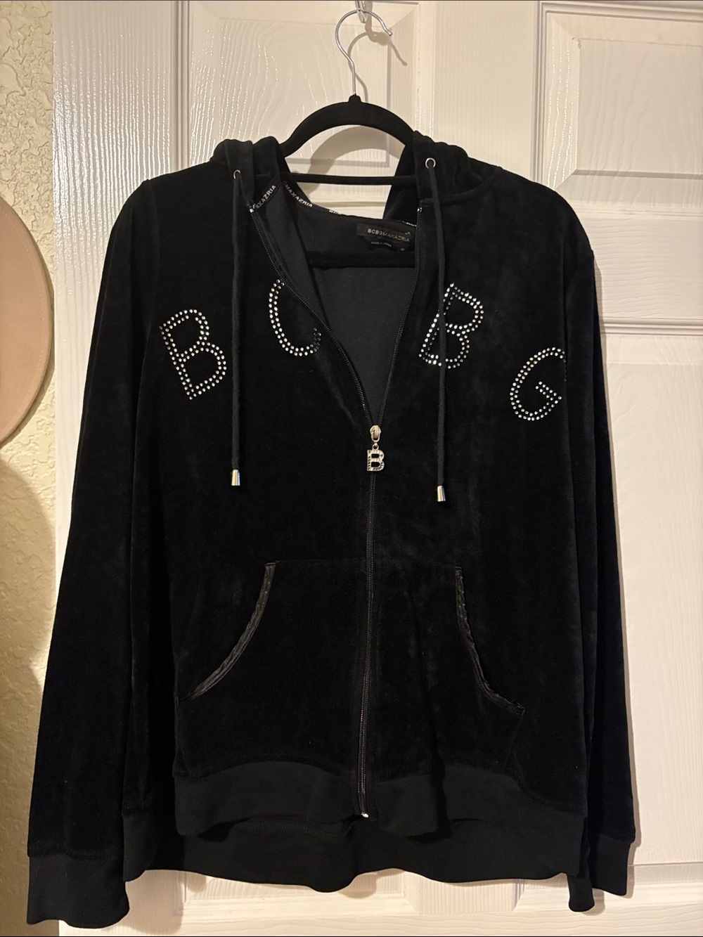 BCBG Black Velour Zip Hoodie with Studded Logo
